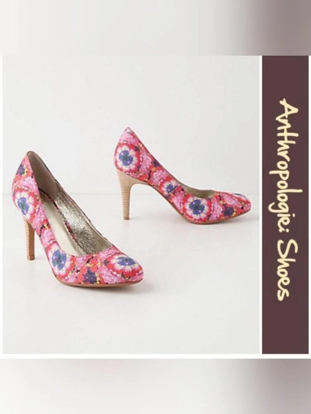 Anthropologie Pink Floral Mid-Heel Pumps with Multicolor Blooms